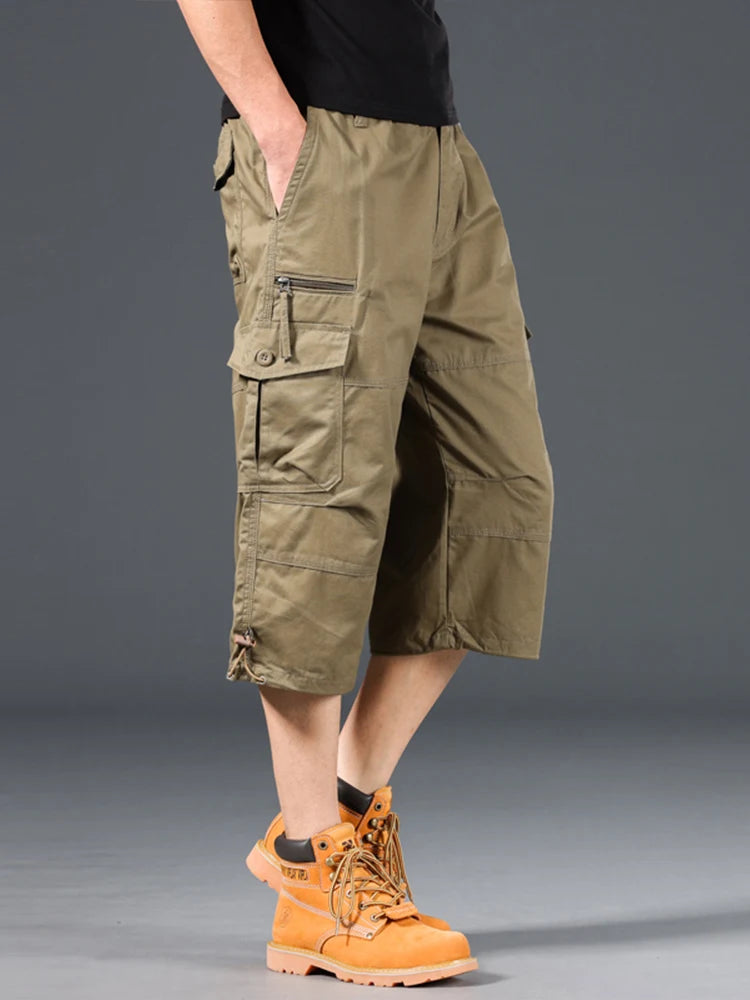 Summer Men's Cargo Shorts Loose Casual Below Knee Pants Elastic Waist Plus Size Outdoor Jogging Tactical Capri Pants