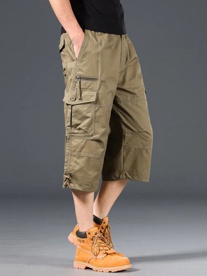 Summer Men's Cargo Shorts Loose Casual Below Knee Pants Elastic Waist Plus Size Outdoor Jogging Tactical Capri Pants