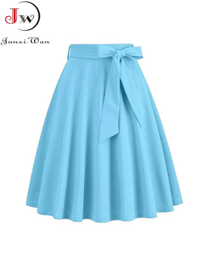 Women Summer Midi Long Skirt Solid Elegant Faldas High Waist A Line 50s Swing Skirts