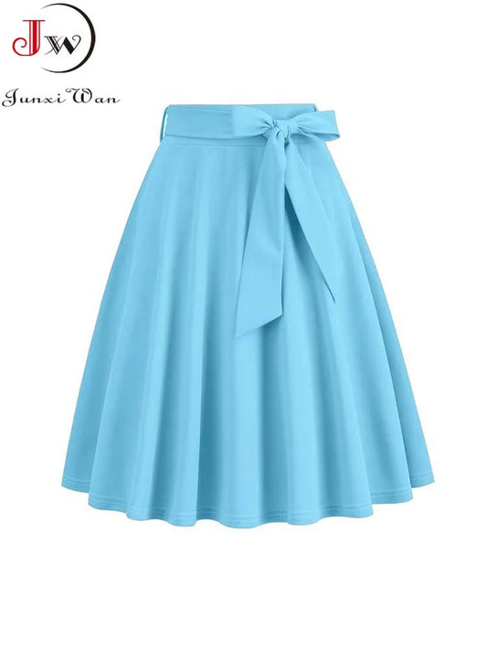 Women Summer Midi Long Skirt Solid Elegant Faldas High Waist A Line 50s Swing Skirts