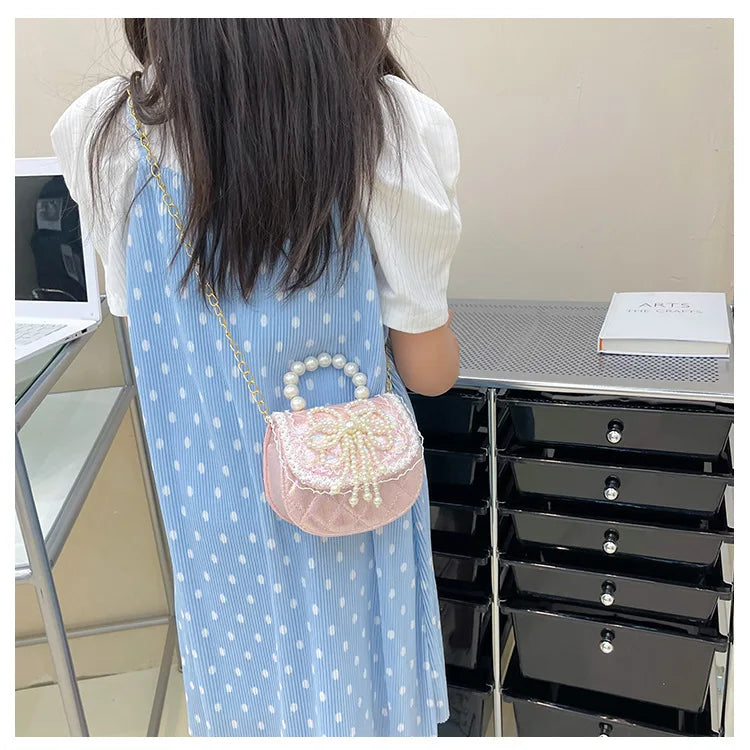Sweet Cute Bow Children's Shoulder Bag Pearl Handle Baby Girls Small Crossbody Bags Lovely Princess Accessories Purse Handbags