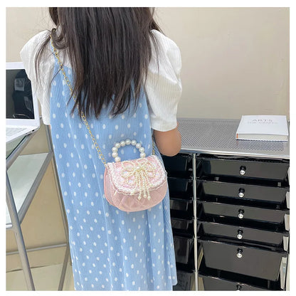Sweet Cute Bow Children's Shoulder Bag Pearl Handle Baby Girls Small Crossbody Bags Lovely Princess Accessories Purse Handbags
