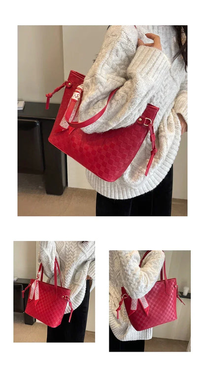 PU 2024 New Women's Bag Fashion Trend Shoulder Bag Leisure Commuter Handbag Minimalist Versatile Design Red Large Capacity