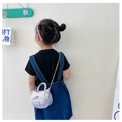 Sweet Cute Bow Children's Shoulder Bag Pearl Handle Baby Girls Small Crossbody Bags Lovely Princess Accessories Purse Handbags