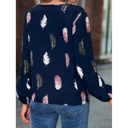 Fashion Woman Blouse Shirts For Women Stylish Top long Sleeve Feather Pattern Female Tops Elegant Chiffon Mujer Woman Clothes