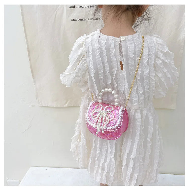 Sweet Cute Bow Children's Shoulder Bag Pearl Handle Baby Girls Small Crossbody Bags Lovely Princess Accessories Purse Handbags
