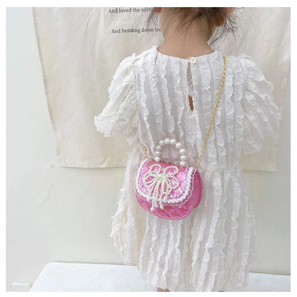 Sweet Cute Bow Children's Shoulder Bag Pearl Handle Baby Girls Small Crossbody Bags Lovely Princess Accessories Purse Handbags