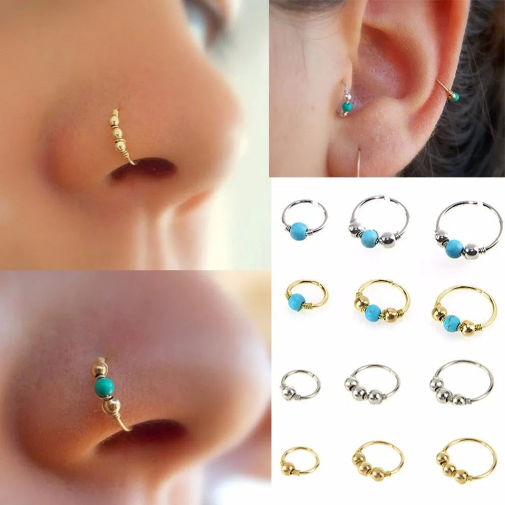 3Pcs/Set Retro Round Beads Nose Ring Earrings Nostril Hoop Body Piercing Jewelry 6mm/8mm/10mm