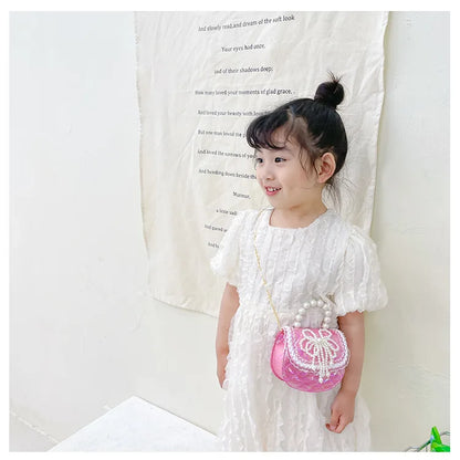 Sweet Cute Bow Children's Shoulder Bag Pearl Handle Baby Girls Small Crossbody Bags Lovely Princess Accessories Purse Handbags