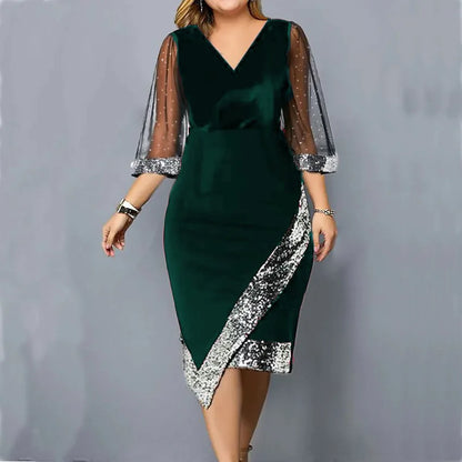 Spring Summer Women's Clothing New Fashion Gold Velvet Irregular Sequin See Through Mesh Women's Five Quarter Sleeve Dress