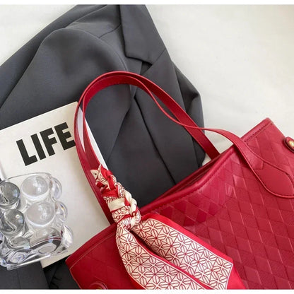 PU 2024 New Women's Bag Fashion Trend Shoulder Bag Leisure Commuter Handbag Minimalist Versatile Design Red Large Capacity
