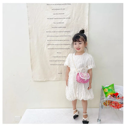 Sweet Cute Bow Children's Shoulder Bag Pearl Handle Baby Girls Small Crossbody Bags Lovely Princess Accessories Purse Handbags