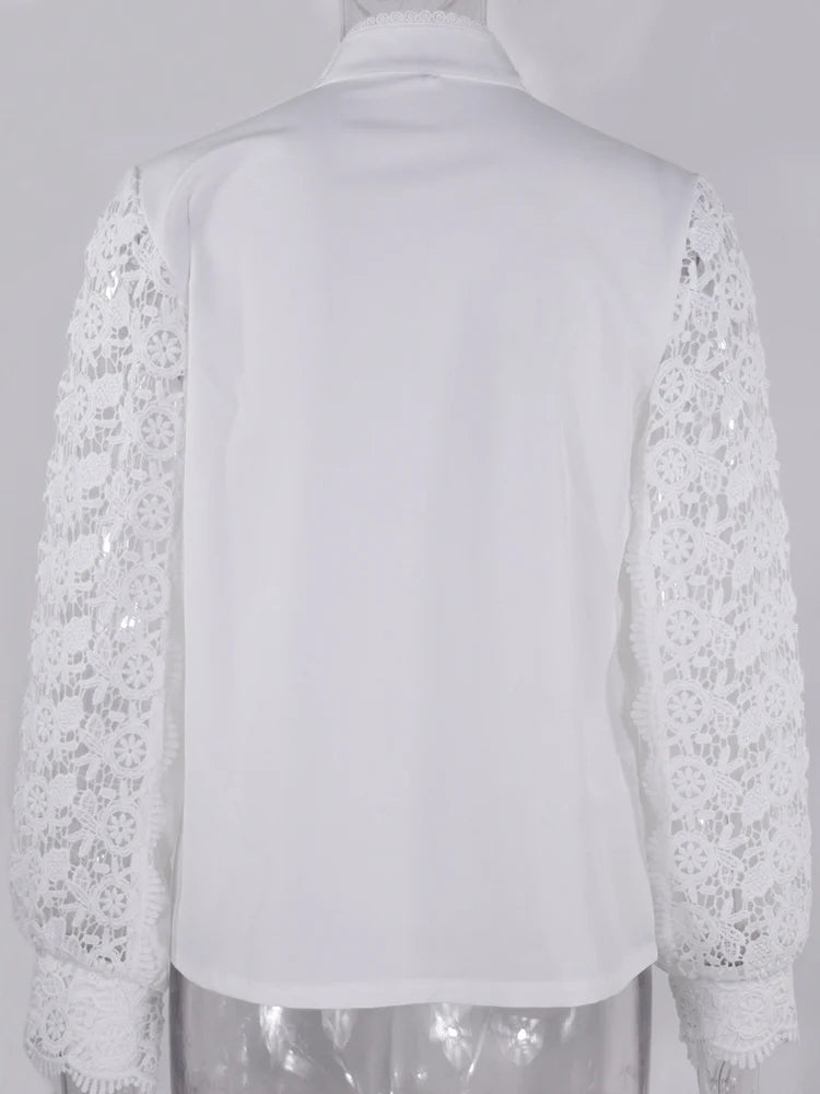 Shirts Elegant Office Ladies White Collared Lace Patchwork Hollow Out Button Up Womens Tops And Blouses 2025 Fashion New Blouse