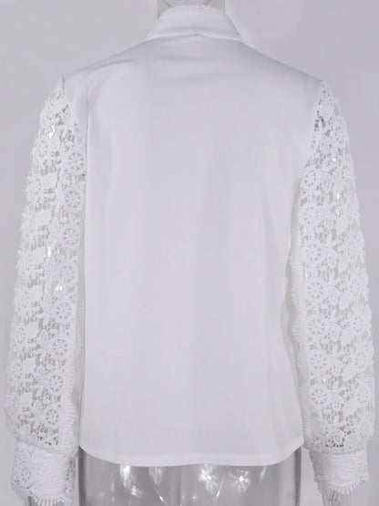 Shirts Elegant Office Ladies White Collared Lace Patchwork Hollow Out Button Up Womens Tops And Blouses 2025 Fashion New Blouse