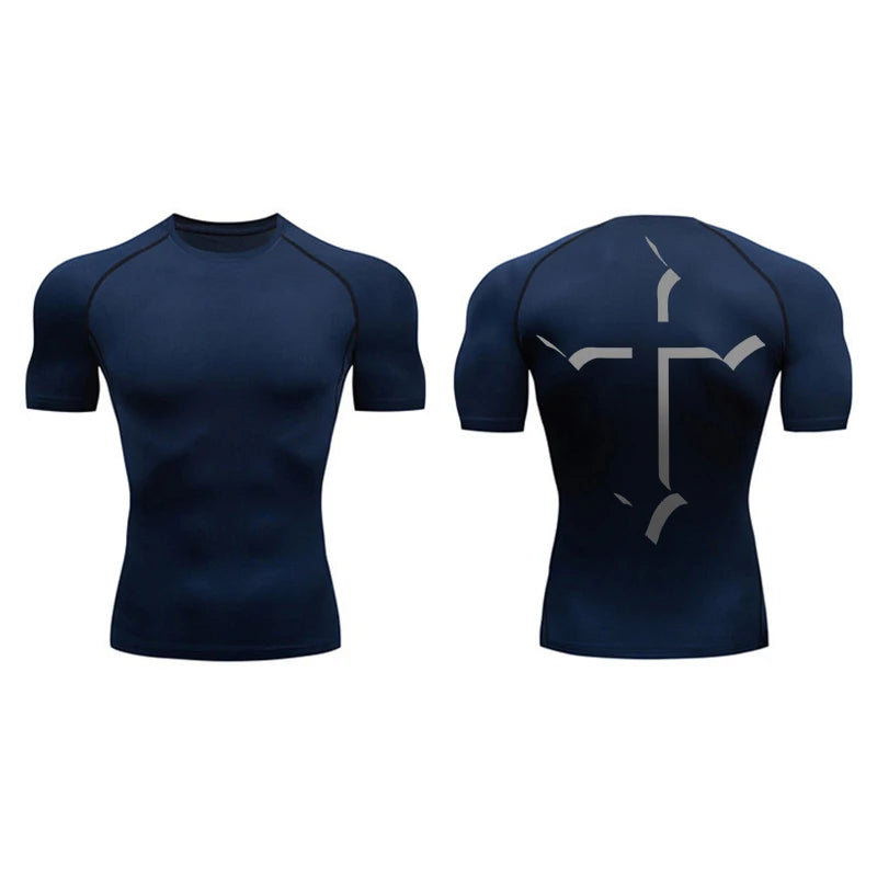 2025Cross Print Compression Shirt for Men Christian Sporty Quick Dry Tshirt Tees Tops Gym Workout Fitness Undershirts Baselayers