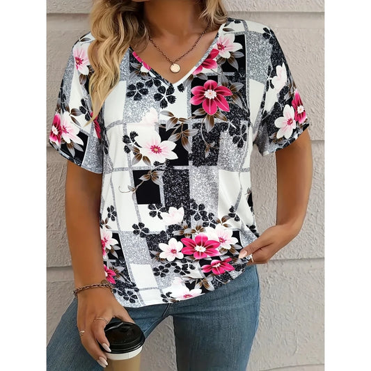 Women's T-Shirt Retro Floralelegant V-Neck Short Sleeve Summer Casual Top Loose Casual Ladies T-Shirt Fashion T-Shirt Clothes