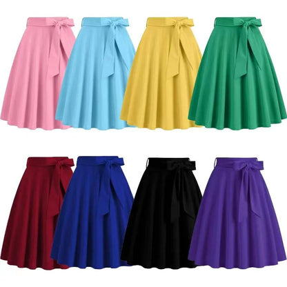 Women Summer Midi Long Skirt Solid Elegant Faldas High Waist A Line 50s Swing Skirts
