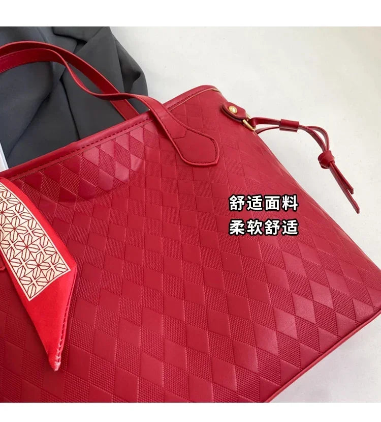 PU 2024 New Women's Bag Fashion Trend Shoulder Bag Leisure Commuter Handbag Minimalist Versatile Design Red Large Capacity