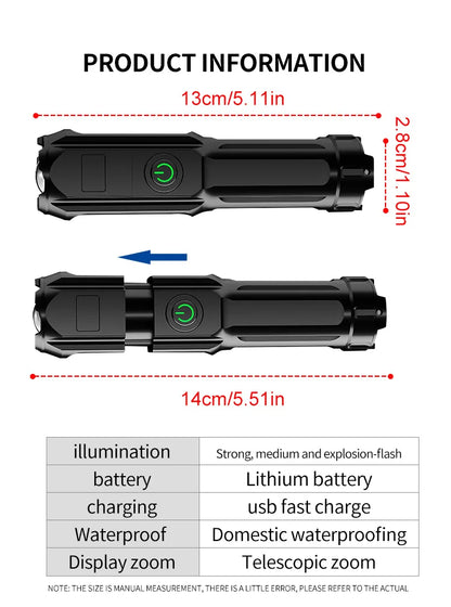 High Strong Flash Light Portable Rechargeable Spotlights High Power LED Flashlight Camping Ultra Powerful Flashlight Lamp Work