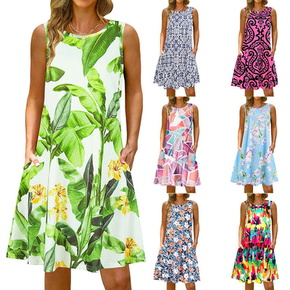 S-5Xl Colorful Printed O Neck Long Dress Casual Bohemian Sleeveless Ladies Summer Beach Sundress Travel Pocket Shirt Party Gowns