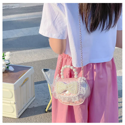 Sweet Cute Bow Children's Shoulder Bag Pearl Handle Baby Girls Small Crossbody Bags Lovely Princess Accessories Purse Handbags