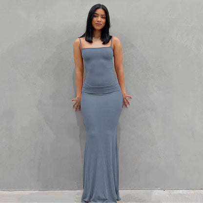Europe and the United States cross-border foreign trade women 2024 solid color sexy slim high step slip dress