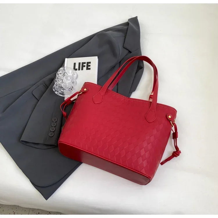 PU 2024 New Women's Bag Fashion Trend Shoulder Bag Leisure Commuter Handbag Minimalist Versatile Design Red Large Capacity