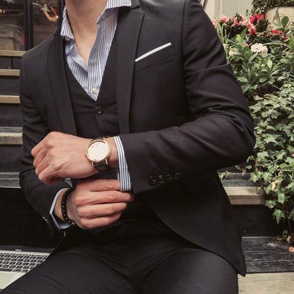 Men Three-piece Suit Men's Formal Business Style Slim Fit Wedding Suit Set with Silky Smooth Anti-wrinkle Fabric Turn-down