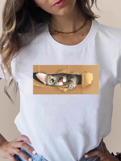 Print T Fashion 3D Cat Lovely Trend Cute Women's Clothing Short Sleeve Clothes Summer T-shirts Ladies Female Graphic Tee
