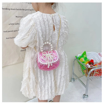 Sweet Cute Bow Children's Shoulder Bag Pearl Handle Baby Girls Small Crossbody Bags Lovely Princess Accessories Purse Handbags