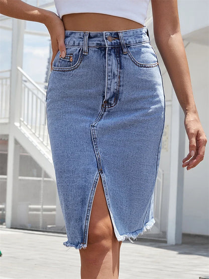 Denim Skirts For Women Jeans High Waist Frayed Raw Hem A Line Flare Skirt With Pockets Summer Wrapped Hip Skinny Slit Skirt