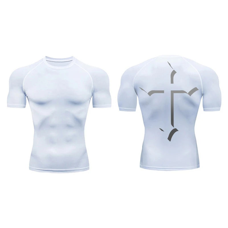 2025Cross Print Compression Shirt for Men Christian Sporty Quick Dry Tshirt Tees Tops Gym Workout Fitness Undershirts Baselayers