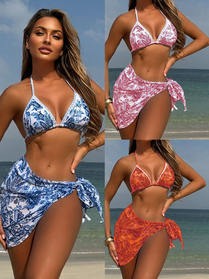With Sarong Printed Halter Bikini Women Swimwear Female Swimsuit Three-pieces Bikini Set Padded Bather Bathing Suit Swim