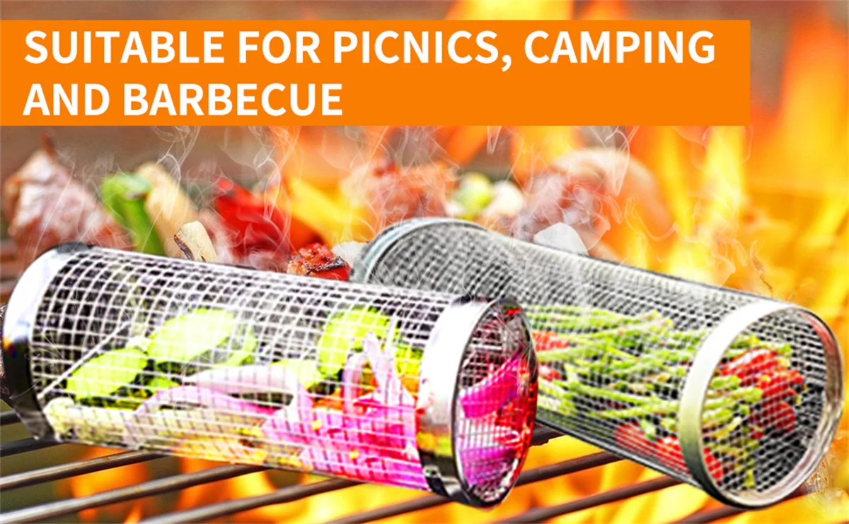BBQ Basket Stainless Steel Rolling Grilling Basket Wire Mesh Cylinder Grill Basket Portable Round Outdoor Camping Barbecue Rack