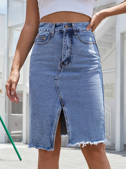 Denim Skirts For Women Jeans High Waist Frayed Raw Hem A Line Flare Skirt With Pockets Summer Wrapped Hip Skinny Slit Skirt