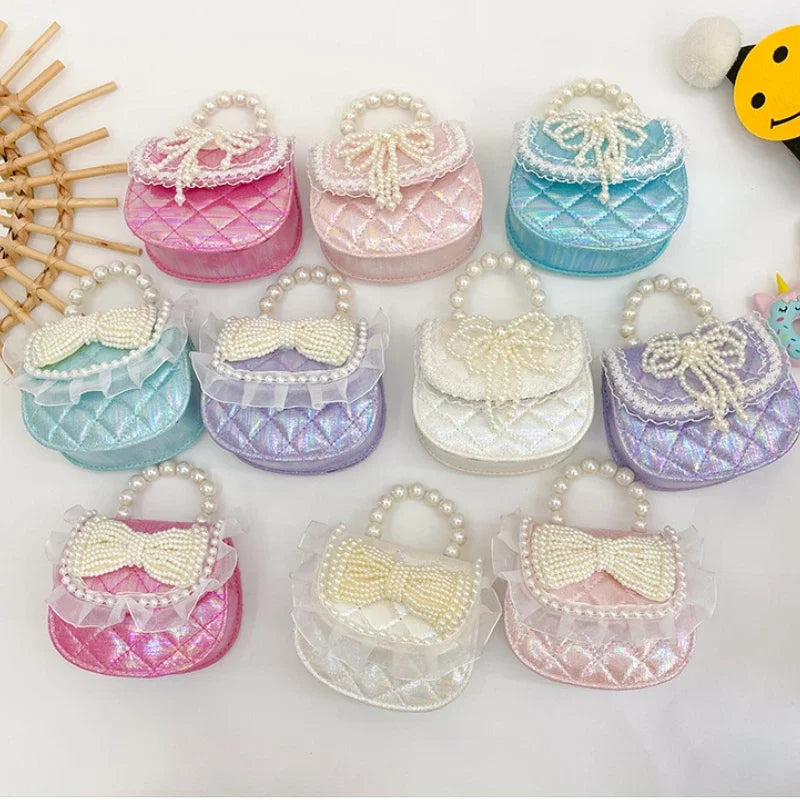 Sweet Cute Bow Children's Shoulder Bag Pearl Handle Baby Girls Small Crossbody Bags Lovely Princess Accessories Purse Handbags