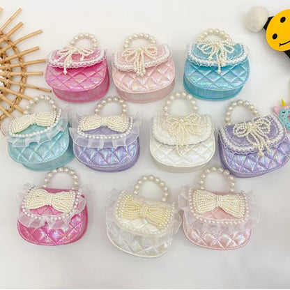 Sweet Cute Bow Children's Shoulder Bag Pearl Handle Baby Girls Small Crossbody Bags Lovely Princess Accessories Purse Handbags