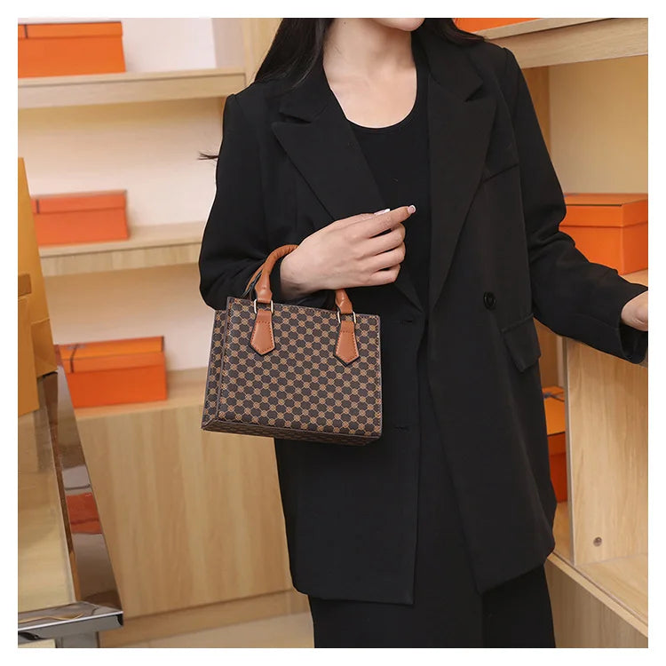 Fashion Square Small Top-handle Bags Casual Tote Pu Leather Plaid Crossbody Shoulder Bag Women Handbags For Daily Used And Gift