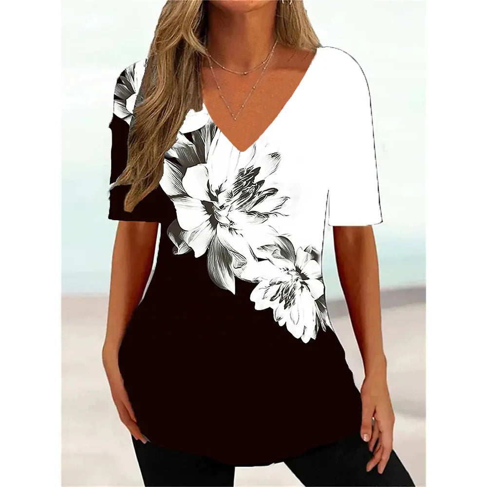 Women's T Shirt Stripe Gradient Relaxed Ladies Clothes Blouse V-Neck Fashion Short Sleeve Tees Female Oversized Sweatshirt Loose