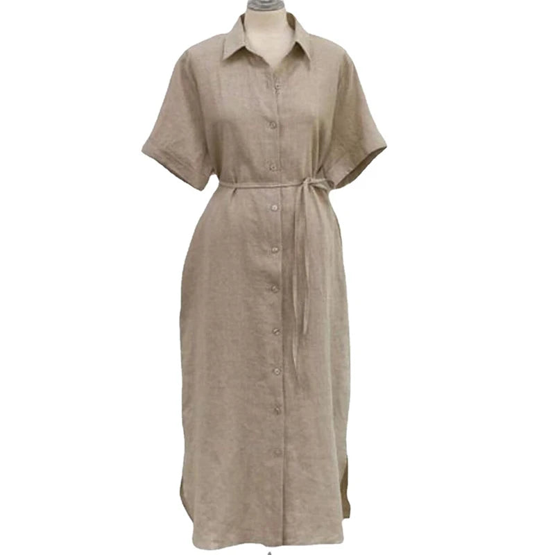 Summer Cotton and Linen Polo Neck Shirt Dress