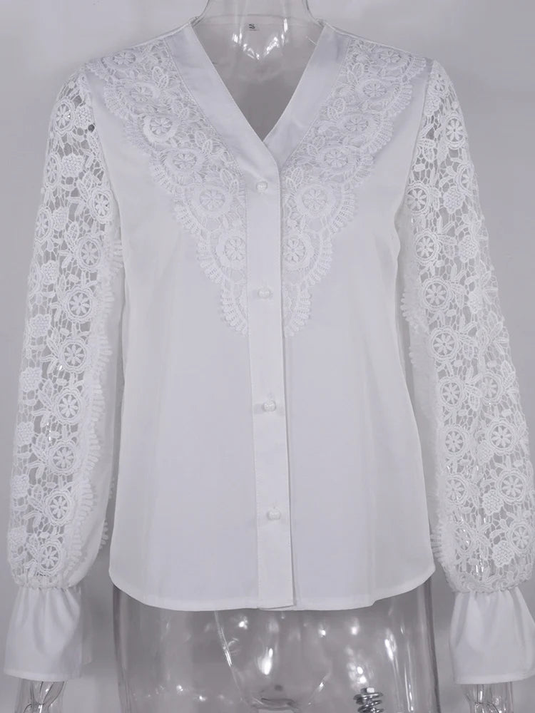 Shirts Elegant Office Ladies White Collared Lace Patchwork Hollow Out Button Up Womens Tops And Blouses 2025 Fashion New Blouse