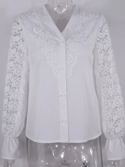 Shirts Elegant Office Ladies White Collared Lace Patchwork Hollow Out Button Up Womens Tops And Blouses 2025 Fashion New Blouse