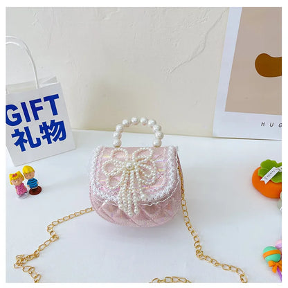 Sweet Cute Bow Children's Shoulder Bag Pearl Handle Baby Girls Small Crossbody Bags Lovely Princess Accessories Purse Handbags