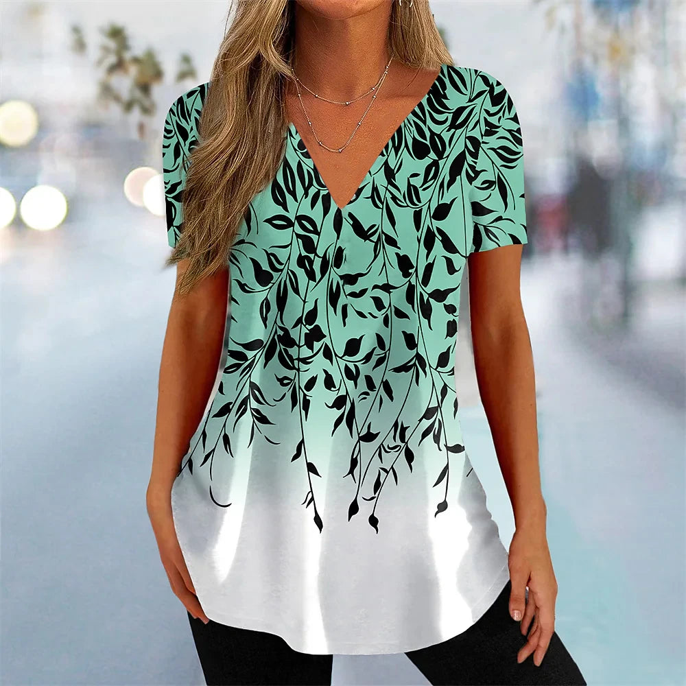 Women's T Shirt Stripe Gradient Relaxed Ladies Clothes Blouse V-Neck Fashion Short Sleeve Tees Female Oversized Sweatshirt Loose