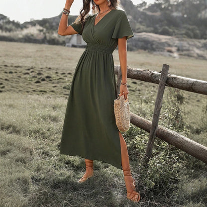 Mia Muse Women's Dresses Summer Fashion 2025 Plain Side Slit Nipped Waists Short Sleeve V-Neck A Line Midi Vacation Dresses
