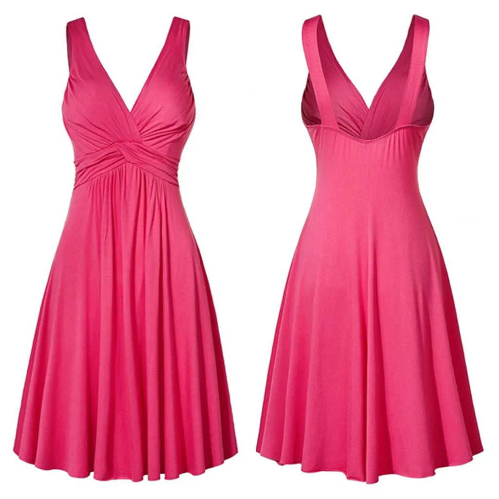 Plus Size Sling Pleated Slim Flare Skirt Dresses Women V-neck Cocktail Party Dress Gown Retro Vestidos de fiesta Female Sundress