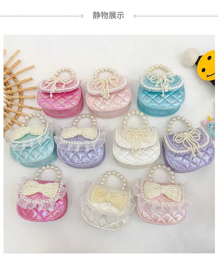 Sweet Cute Bow Children's Shoulder Bag Pearl Handle Baby Girls Small Crossbody Bags Lovely Princess Accessories Purse Handbags