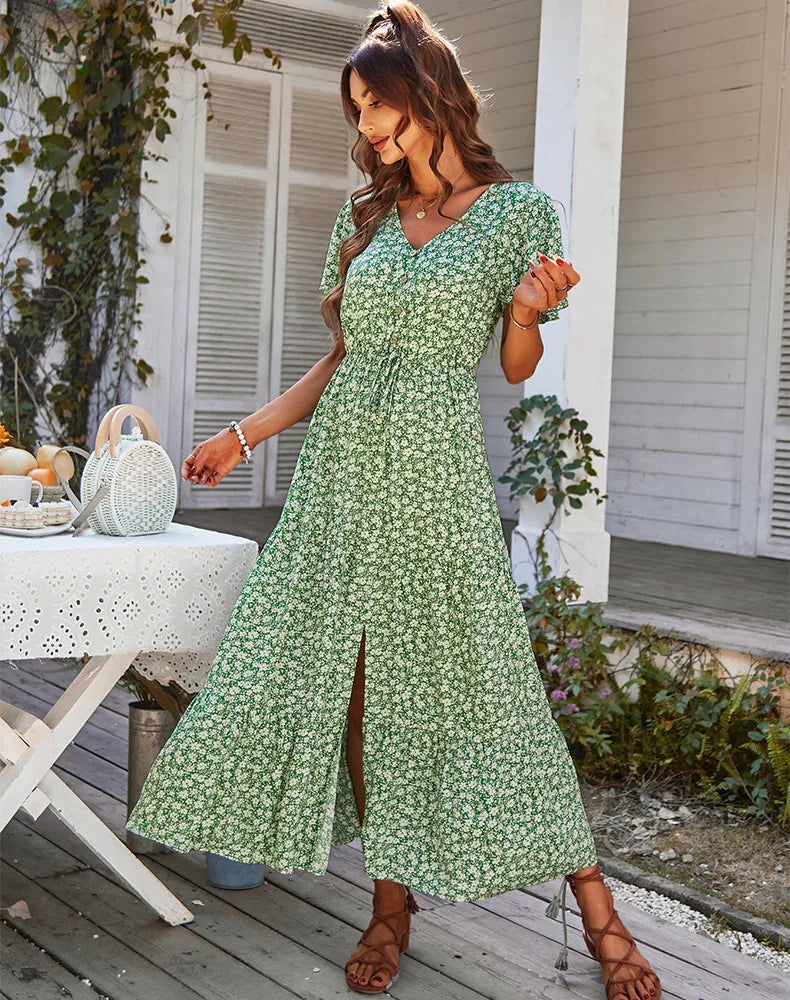 Summer hot-selling daily commuting floral dress fashionable slit skirt casual fashion loose V-neck short-sleeved skirt