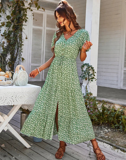 Summer hot-selling daily commuting floral dress fashionable slit skirt casual fashion loose V-neck short-sleeved skirt