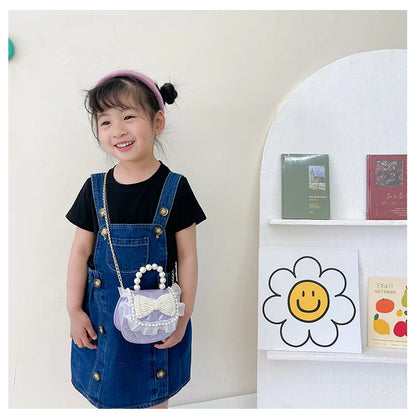 Sweet Cute Bow Children's Shoulder Bag Pearl Handle Baby Girls Small Crossbody Bags Lovely Princess Accessories Purse Handbags